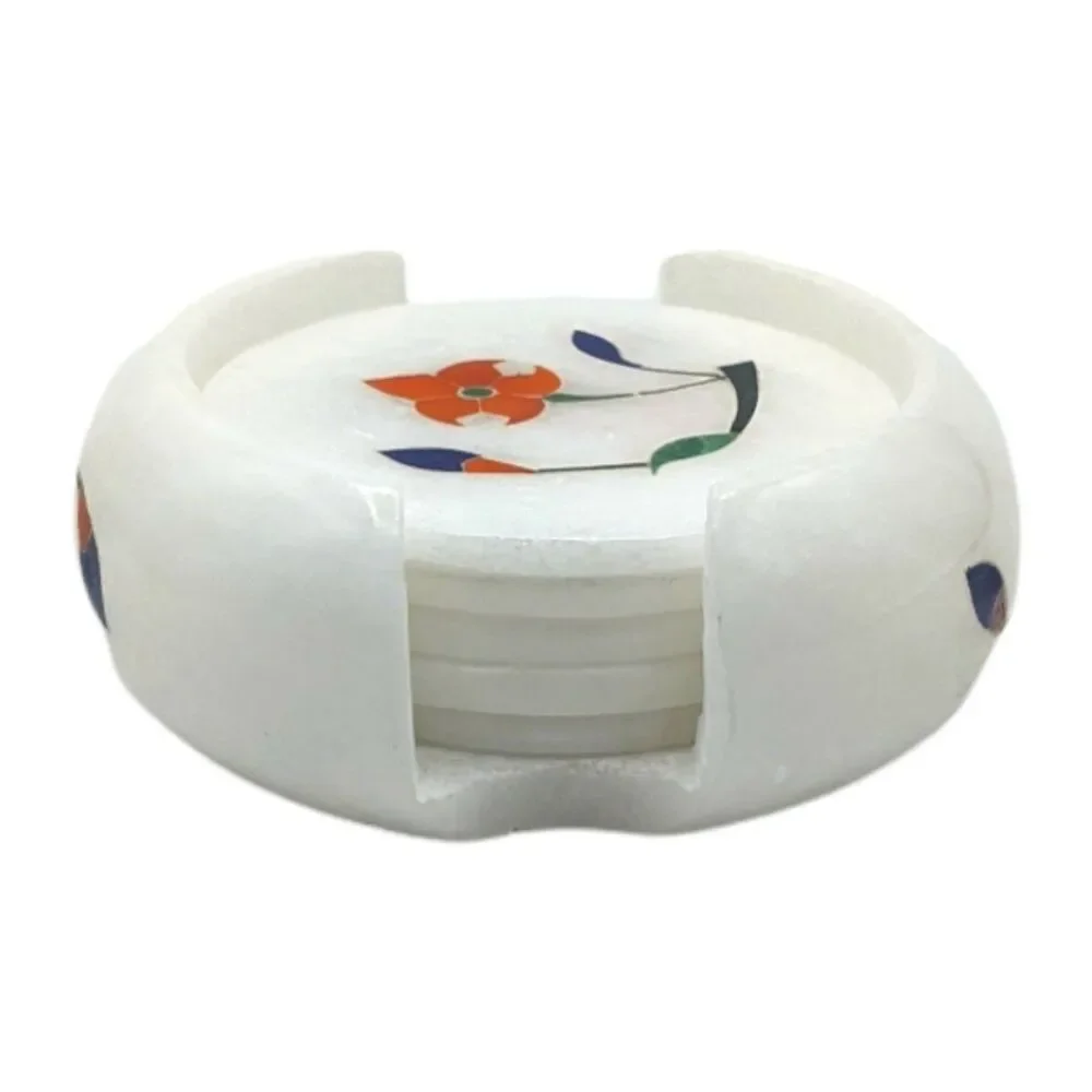 Marble Inlay Stone Coaster Set 5 Floral Mosaic Semiprecious Gemstones Red Blue
